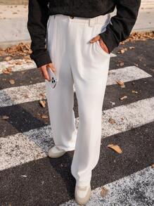 Manfinity VCAY 男士编织长款松紧腰直筒休闲裤，适合日常穿着 - 白色 - 查看 5