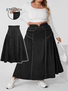SHEIN CURVE+ Plus Size Black High-Waisted A-Line Skirt With Contrast Trim