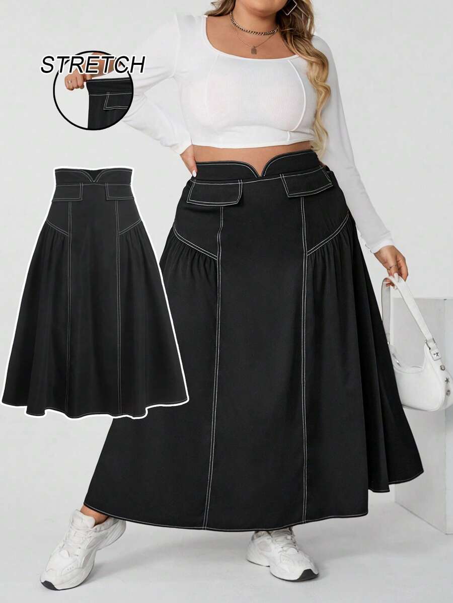 SHEIN CURVE+ Plus Size Black High-Waisted A-Line Skirt With Contrast Trim