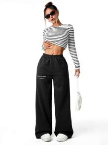 SHEIN Sparklyn Pantalón de chándal informal para adolescentes con estampado de letra y floral - Negro - Ver 4