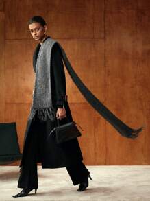 MOTF PREMIUM Manteau long ceinturé avec col châle en laine, poches en biais et boucle - Noir - Voir 9