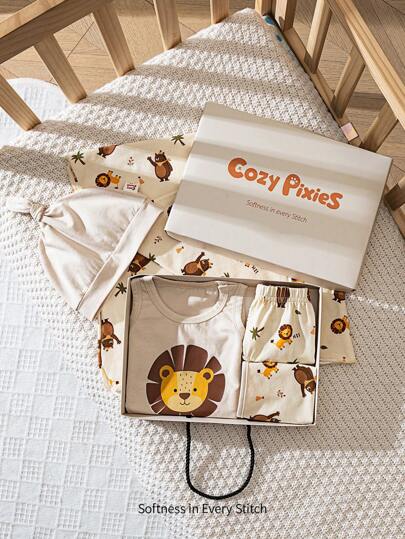 Cozy Pixies 5 st/set Nyfödd pojke Bomull tecknad lejonstickad mjuk rundhalsad ärmlös tröja, volangshorts, haklapp, mössa och filt