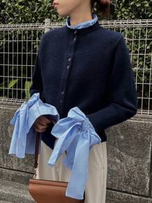 FRIFUL Damen Herbst/Winter Langarm Kontrast Farbige Schleife Manschette Strickjacke, Langarm Oberteil