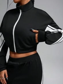 Innovista Loose Fit Air Layer Knitted Zip-Up Zip Up Colorblock Sets, 2pcs, Cropped Jacket, Splicing Design Sports Jogger, Sweatpants, Casual & Daily Tracksuit, Jersey, Winter Women Clothes, Fall Winter Women Outfit,Tracksuit