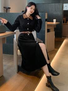 DAZY 女士秋季长袖拼布中长连衣裙，秋季女装 - 黑色 - 查看 2