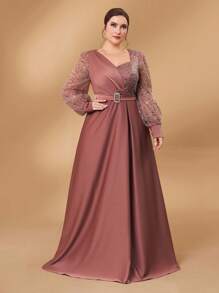 SHEIN Belle 大码闪亮拼色无袖 A 字形灯笼袖礼服，优雅适合晚会、长袖舞会礼服、婚礼宾客礼服、毕业典礼礼服、晚宴礼服、派对礼服 - 藕粉色 - 查看 6