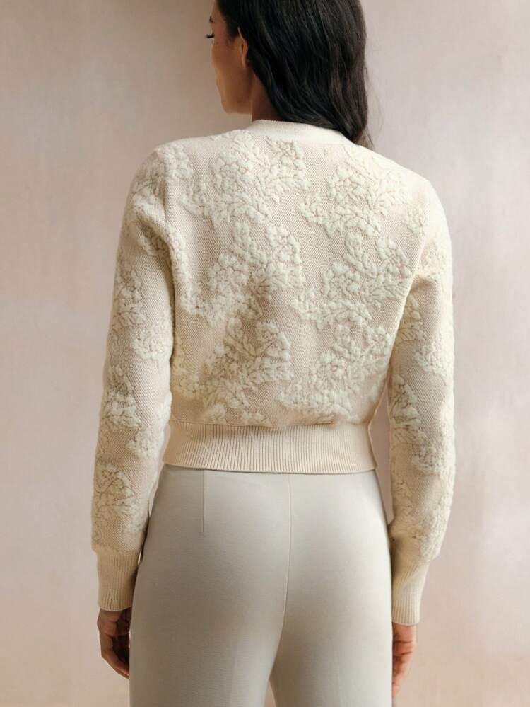 Anewsta Elegant V-Neck Floral Jacquard Long Sleeve Christmas Cardigan Sweater, Women Floral Blouse