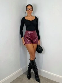 SHEIN BAE Women's Burgundy Solid Color Fashion Street Style Versatile Clothing, Leather/PU Vintage Texture High-Waisted Mini Shorts Suitable For Party,Sexy Mermaid Office Wear