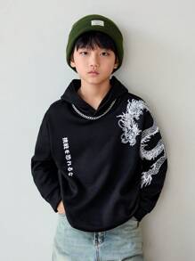 SHEIN Leap Crew 青少年男孩日文字母和中国龙图案卫衣 - 黑色 - 查看 7