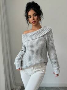 Elenzga 浅灰色不对称领口插肩袖女式针织套头衫，秋冬款 - 淺灰色 - 查看 1