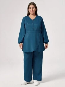 TaskEZ Plus Size Solid Color Front Zipper Long Sleeve Top And Pants Nursing Uniform Scrub Set