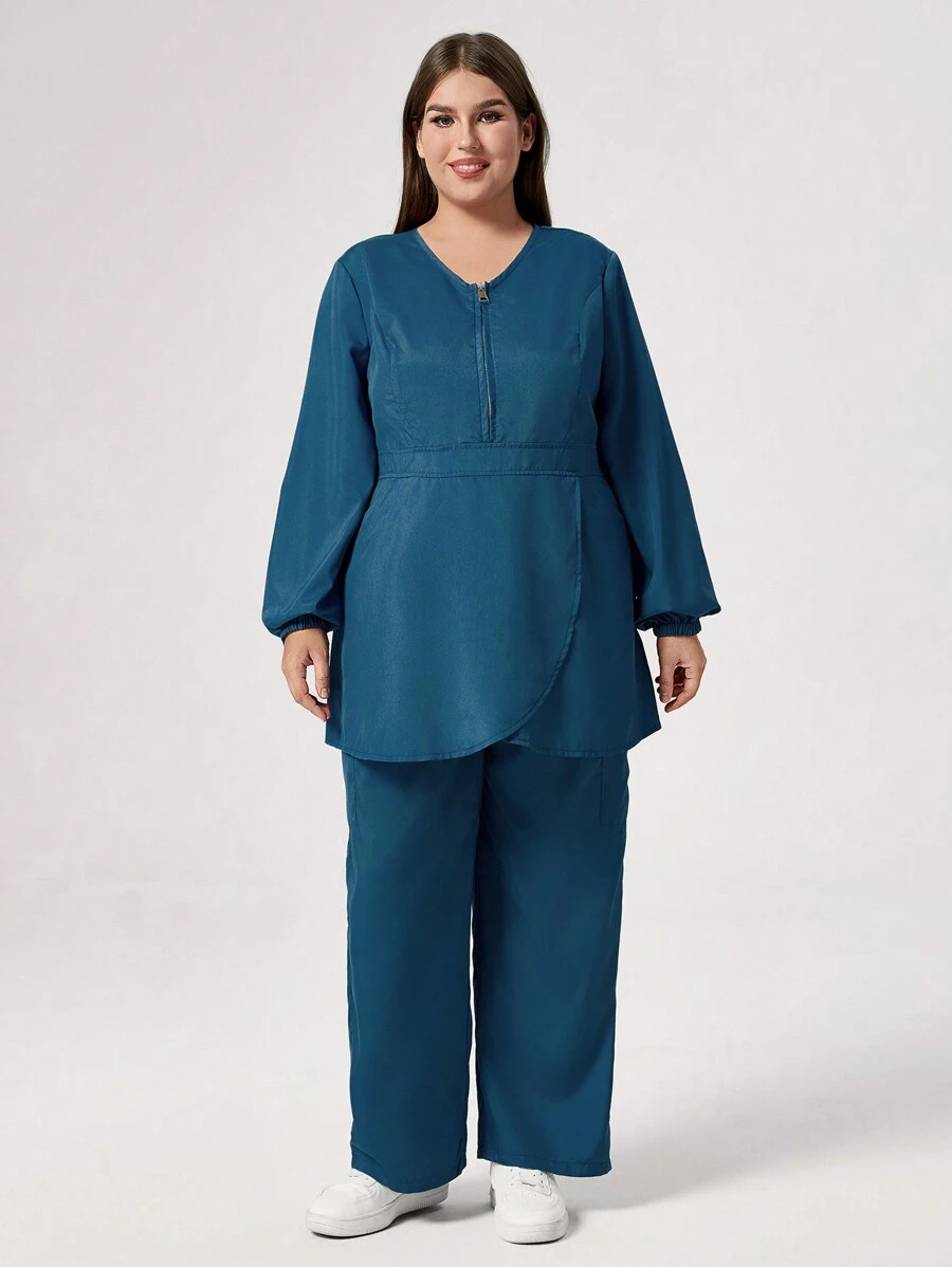 TaskEZ Plus Size Solid Color Front Zipper Long Sleeve Top And Pants Nursing Uniform Scrub Set