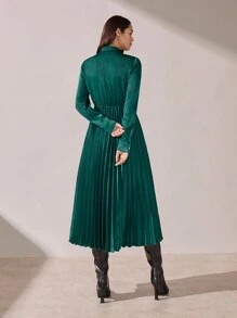 BizChic 绿色缎面褶皱长袖连衣裙，节日感恩节/圣诞节服装，女士办公室服装，春夏 - 綠色 - 查看 5