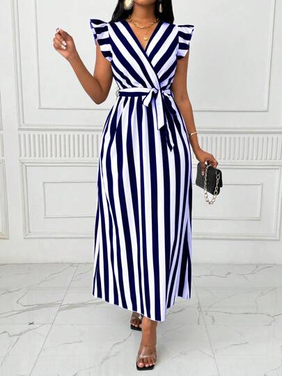 Xyvia Women's V-Neck Cinched Waist Wide Dress Long Dress With Bowknot , Black And White Vertical Striped, Long Sleeve Maxi Women Outfit