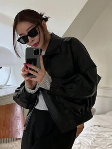 DAZY Women Plain Front Zipper Long Sleeve Casual Short PU Leather Jacket Fall,Winter School - Black - View 8