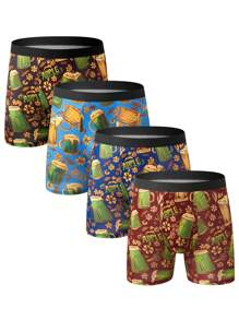 4pcs Men's Contrast Waist Beer Pattern Soft Boxers - Multicolor - View 1
