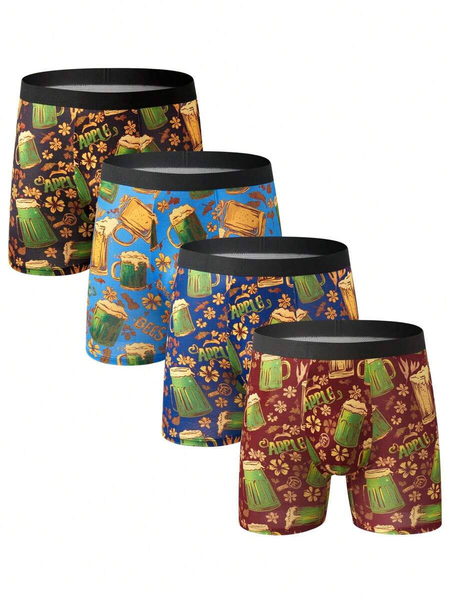 4pcs Men's Contrast Waist Beer Pattern Soft Boxers - Multicolor - View 1