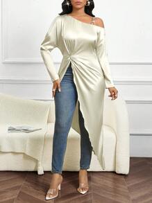 SHEIN Lady Apricot Gorgeous Satin Shirt Metallic Decoration Asymmetric One Sleeve Shirt Twist Design Women's Shirt Long Sleeve Shirt Fall Women Tops - Red and White - View 4