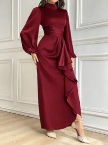 Modelyn Women Solid Color Stand Collar Ruffle Trim Elegant Long Sleeve Dress Long Evening Dresses