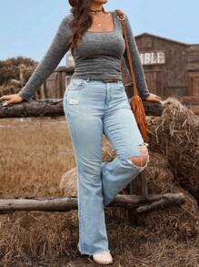 SHEIN VCAY Women Plus Size Slim Fit Long Sleeve U-Neck Ruched T-Shirt, Autumn - Grey - View 4