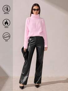 BizChic 纯色皮革喇叭裤，都市优雅紧身裤，适合圣诞节、通勤