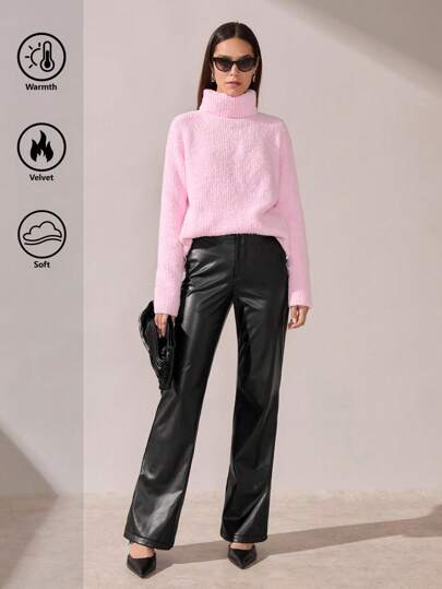 BizChic 纯色皮革喇叭裤，都市优雅紧身裤，适合圣诞节、通勤