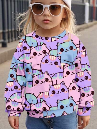 SHEIN Sudadera holgada de manga larga con cuello redondo, forro térmico y estampado de gato lindo, diseño minimalista casual adecuado para niñas jóvenes, apto para otoño/invierno