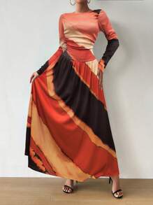 SHEIN Clasi 扎染随机印花褶饰喇叭休闲连衣裙 - 彩色 - 查看 3