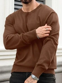 Manfinity Homme Plus Size Men's Casual Plain Loose Fit Pullover Sweater, Men Brown Sweater, Men Knit Sweater, Men Crew Neck Sweater, Brown Crew Neck Sweater, Men Long Sleeve Sweater, For Fall Winter - Coffee Brown - View 6