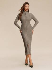 Chiquease Elegant Fashion Knitted Long Sleeve Cardigan Dress Fall Cloth For Women - Khaki - View 3