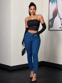 SHEIN SXY Jeans ajustados con detalles de bolsillos y efecto calado para mujeres sexys - Azul lavado oscuro - Ver 3