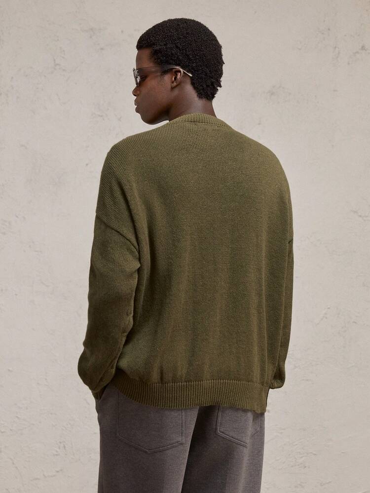 Men's Casual Embroidered Letter Crew Neck Drop Shoulder Knitted Sweater, Suitable For Autumn & Winter