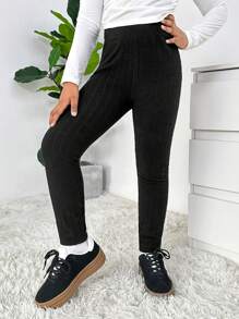 SHEIN Quần legging lót nhiệt co giãn màu trơn hiệu NOVA dành cho bé gái tuổi mới lớn - màu đen - Xem 2