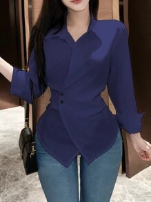 EMERY ROSE Women Casual Solid Color Wrap Shirt, Autumn,Long Sleeve Tops Fall Cloth For Women - Navy Blue - View 3
