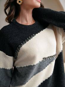 Anewsta Autumn/Winter Rhinestone Contrast Color Patchwork Knitted Loose Elegant Casual Christmas Sweater  Fall Outfit