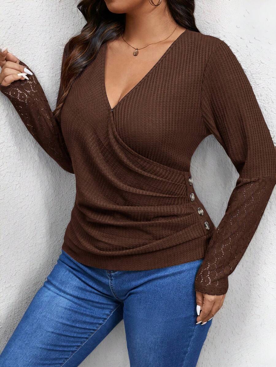 SHEIN Frenchy Plus Size Women's Fall ,Solid Color Overlapping V-Neck Ruched Contrast Lace Long Sleeve T-Shirt, Spring & Summer, Fall Women Outfits - Brown - View 1