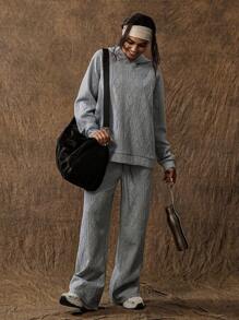 VARSITIE Áo nỉ dài tay có mũ trùm đầu thoải mái rộng rãi cho nữ - Xám - Xem 4