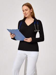 TaskEZ Solid Color Lapel Long Sleeve Nursing Scrub Uniform Top Scrub Top - Black - View 4