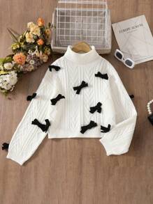 Gestrickter Tween Kleine Mädchen-Cardigan im Stricktrend für Musikfestivals, lässig, bequem, süß, kurz, geeignet für Party, Reise, Picknick, Einkaufen, Schule, Tween Kleine Mädchen Rundhals-Pullover mit 3D-Schleife, Tween Kleine Mädchen Herbst- und Wintermode handgemachter Schleifen-Pullover mit langen Ärmeln, hohem Kragen und kurzer Passform, geeignet für Spät-Herbst und Winter, aufgeblähte Ärmel, süß und niedlich