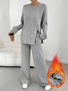 SHEIN Essnce 2pcs Women Autumn Casual Ribbed Knit Long Sleeve Split Hem Top And Pants Set,Casual Two Pieces Set,Women Outfit Sets,Fall Two Pieces Sets,