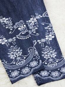 SHEIN Lady 四季紧身裤女款牛仔裤蓝色仿牛仔布花卉印花弹力高腰修身女式紧身裤 - 藍色 - 查看 6