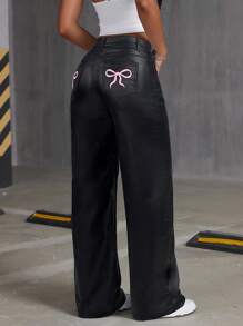 Jeanoix Women Black Coated Bow Embroidery Straight Leg Pants Fall Cloth For Women