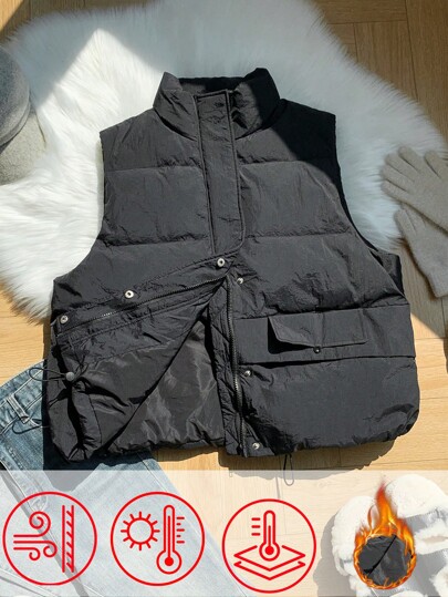 SHEIN EZwear Plus Size Solid Color Front Button Closure Down& Feathers Jacket Vest, Winter