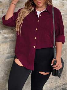 SHEIN LUNE Plus Size Women Casual Solid Color Drop Shoulder Loose Pockets Button-Down Shirt