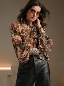 Anewsta 女士花卉豹纹蝴蝶结领优雅衬衫，适合新年、感恩节、秋冬季穿着。 - 棕色 - 查看 4