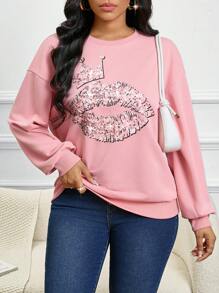 SHEIN Lady Autumn And Winter Pink Tracksuit Christmas Sweatshirt  Long Sleeve Graphic Sweatshirt Women's Sweatshirt Imitation Hot Diamond Printed Pattern Loose Sweatshirt Pink Elegant Women's Fashion Sweatshirt