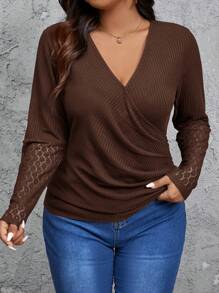 SHEIN Frenchy Plus Size Women's Fall ,Solid Color Overlapping V-Neck Ruched Contrast Lace Long Sleeve T-Shirt, Spring & Summer, Fall Women Outfits - Brown - View 8