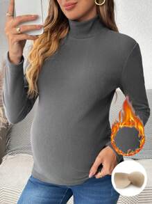 SHEIN Stand Collar Long Sleeve Maternity Tight Fit T-Shirt, Includes Built-In Breast Pad, Autumn - Dark Grey - View 1