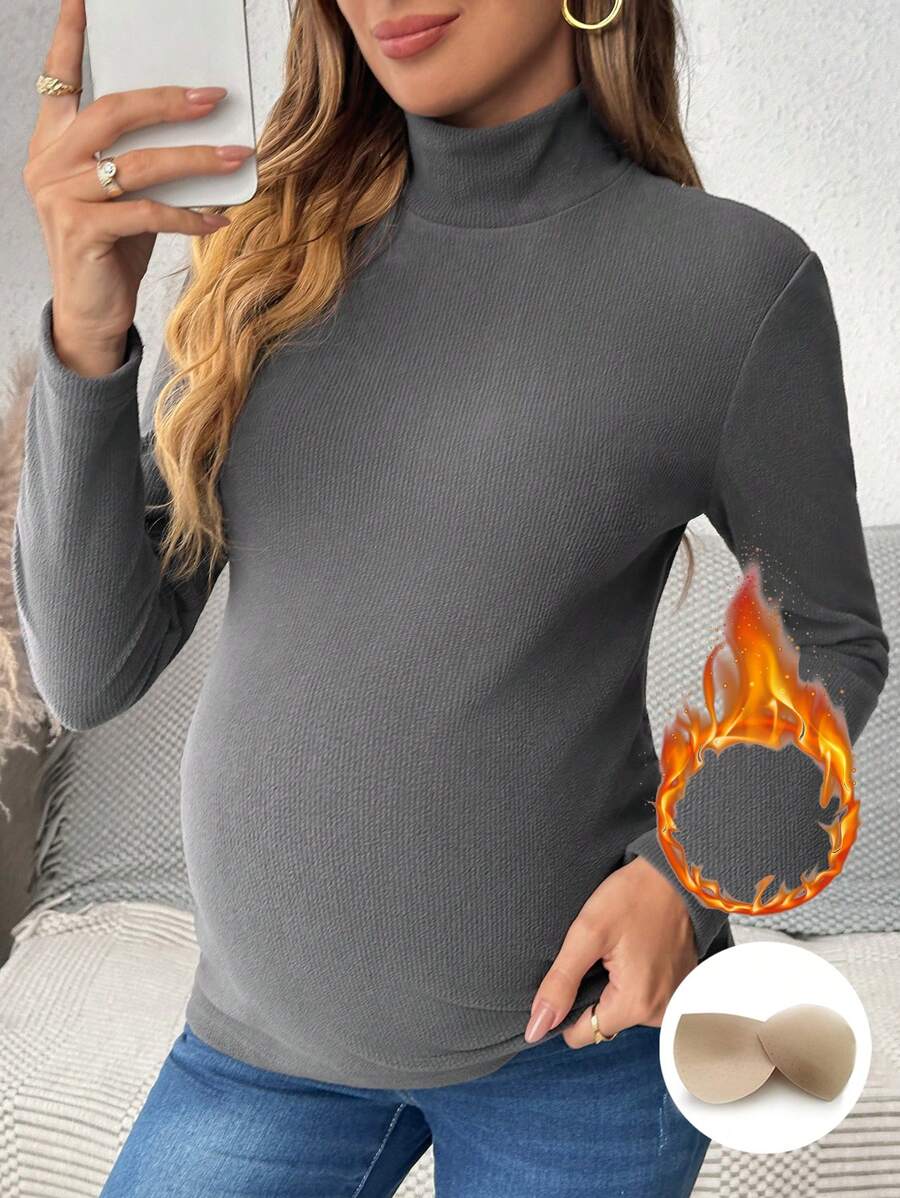 SHEIN Kaos Hamil Lengan Panjang Kerah Tegak, Pas Badan, Dilengkapi Bantalan Payudara Terintegrasi, Musim Gugur - Dark Grey - View 1