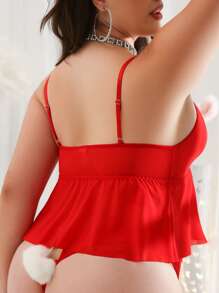 加大码 2 件圣诞毛绒绒球细节蝴蝶结系带性感内衣，女士服装 - 紅色 - 查看 6